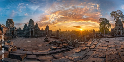 Panoramic View of Bayon Temple at Sunset. photo