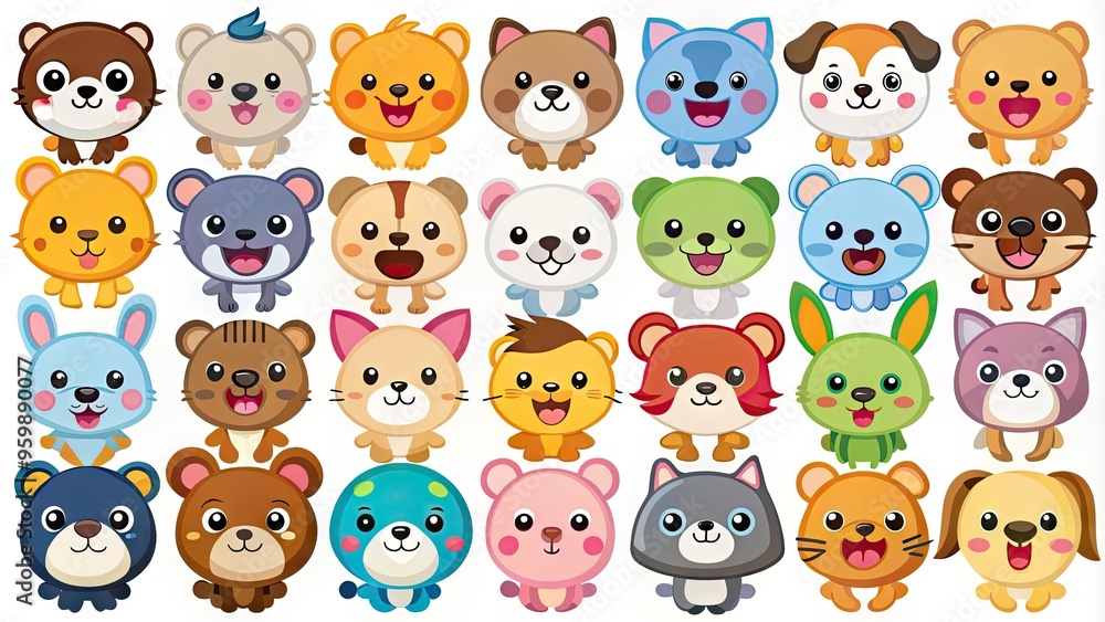 A colorful array of playful cartoon animal icons, including cats, dogs, bears, and birds, showcasing various emotions and poses, ideal for kid-friendly designs and branding. A colorful array of playful cartoon animal icons, including cats, dogs, bears, and birds, showcasing various emotions and poses, ideal for kid-friendly designs and branding.