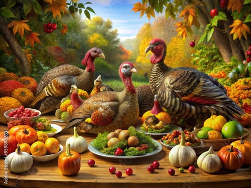 A Colorful Family Of Turkeys Happily Gathers Around A Festive Thanksgiving Dinner Table Laden With A Cornucopia Of Harvest Delights. photo