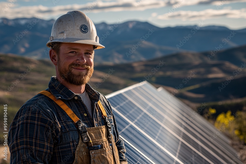 Solar Panel Technician Overlooking Mountain Range Solar Panel Technician Overlooking Mountain Range