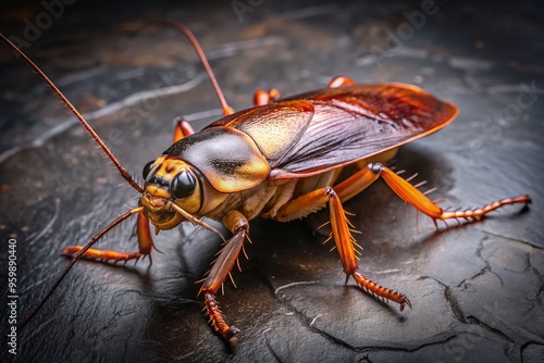 On a rough, black surface, a gargantuan cockroach inches its way forward, its fragile-looking antennae scanning for any