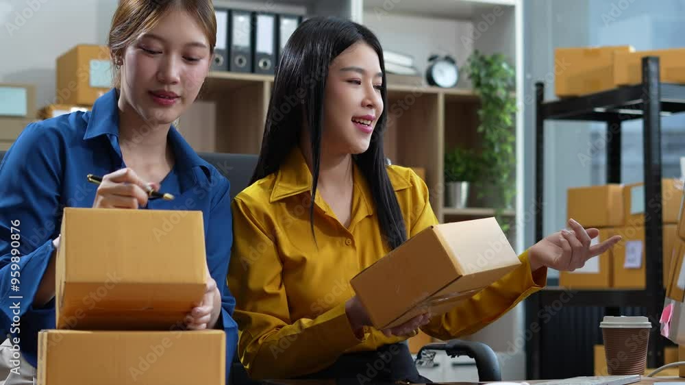 Shipping shopping online ,woman start up small business owner writing address on cardboard box at workplace.small business entrepreneur SME or freelance woman working with box at home. Shipping shopping online ,woman start up small business owner writing address on cardboard box at workplace.small business entrepreneur SME or freelance woman working with box at home.