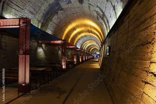 Mungyeong-si, Gyeongsangbuk-do, South Korea - April 17, 2021: Indoor of a caf? with illumination at Omiza(fruit of schisandra chinensis) Theme Tunnel photo