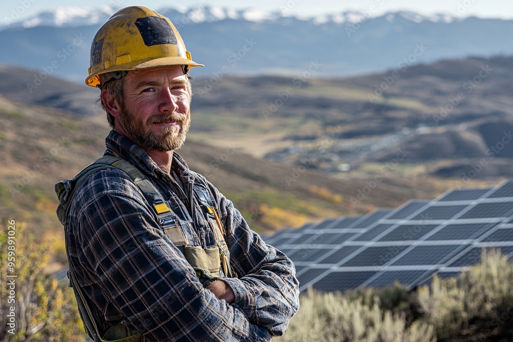 Solar Panel Technician Overlooking Mountain Range Solar Panel Technician Overlooking Mountain Range