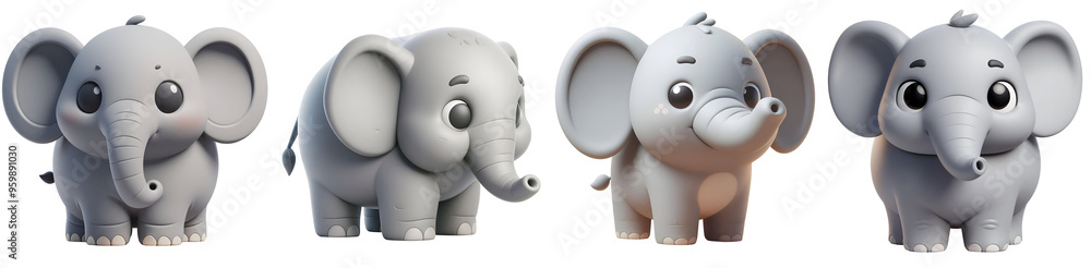 Set of 3D rendered illustration cartoon elephant isolated on white and Transparent Background Set of 3D rendered illustration cartoon elephant isolated on white and Transparent Background