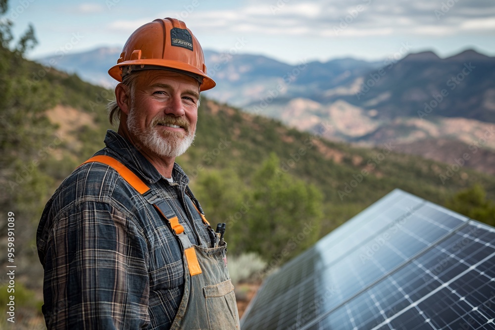 Solar Panel Technician Overlooking Mountain Range Solar Panel Technician Overlooking Mountain Range