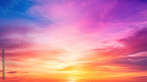 Vivid sunset sky with vibrant orange, pink, and purple hues blending together as the sun dips below the horizon.