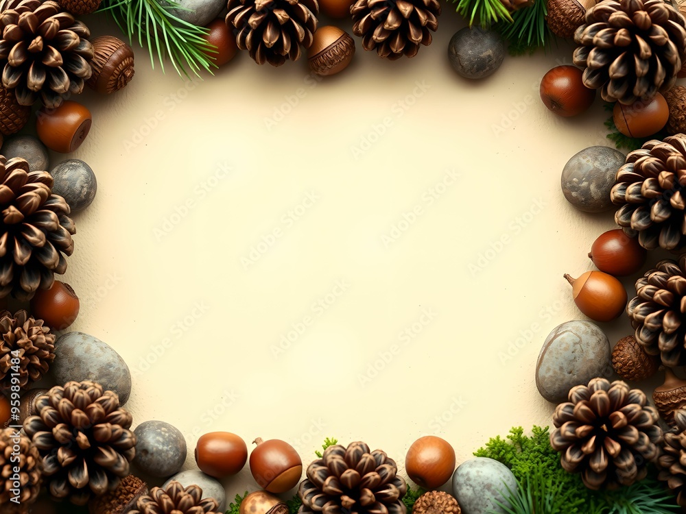 Pine Cones and Acorns Background with Stones Pine Cones and Acorns Background with Stones