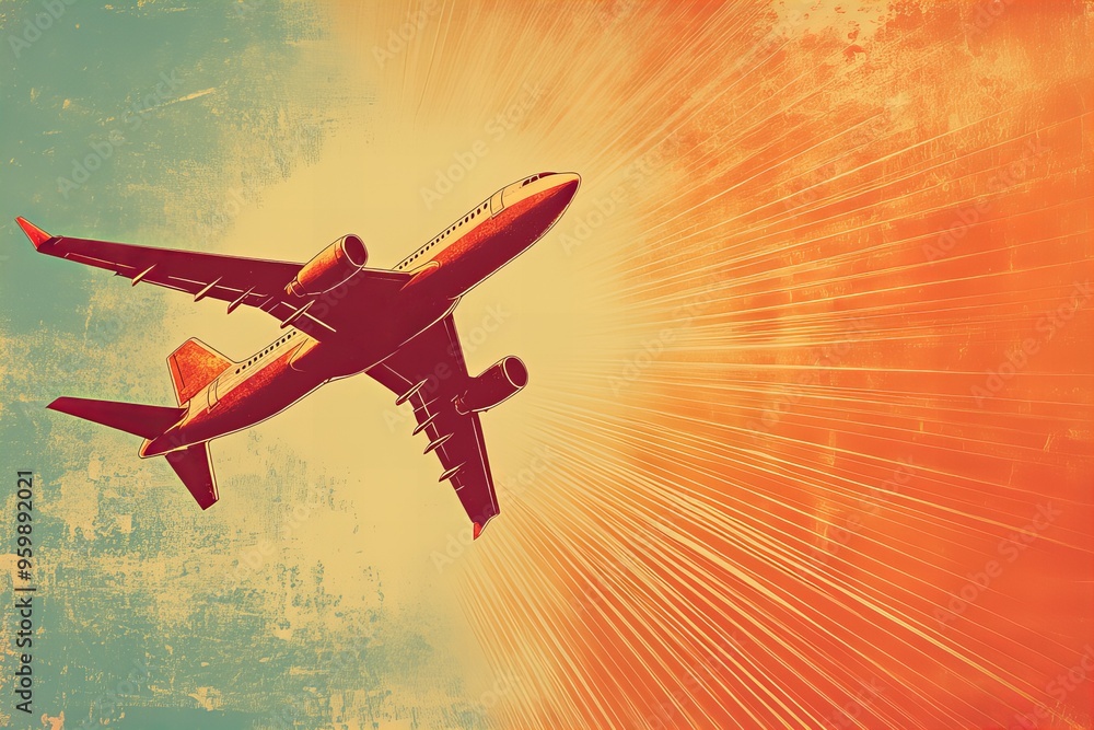 Naklejka premium Vintage worn illustration of passenger airplane in the sky with a retro aesthetic, capturing classic aviation charm, new beautiful stock image AI