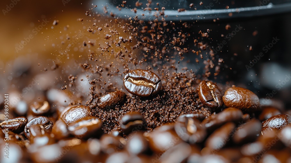 A Close-Up of Coffee Bean Grinder in Action with Fresh Grounds Spilling Out, Emphasizing Texture and Quality A Close-Up of Coffee Bean Grinder in Action with Fresh Grounds Spilling Out, Emphasizing Texture and Quality