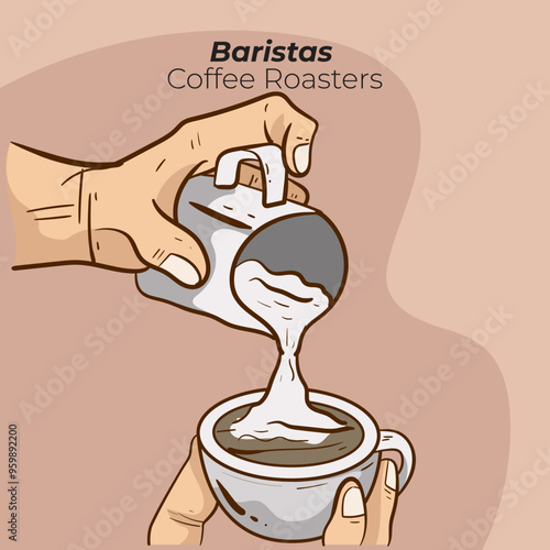 Hand drawn American Coffee Bartender pouring creamer into coffee illustration