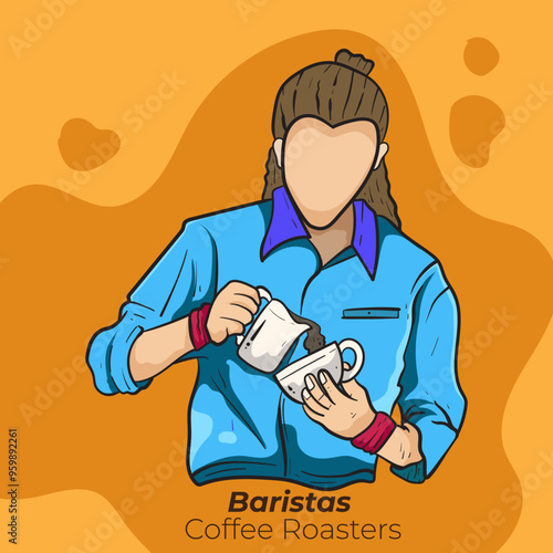 coffee barista or bartender man wearing apron standing whipped milk into the coffee mug. Coffee shop, coffee time and take away concept. people character illustration Cartoon minimal style.