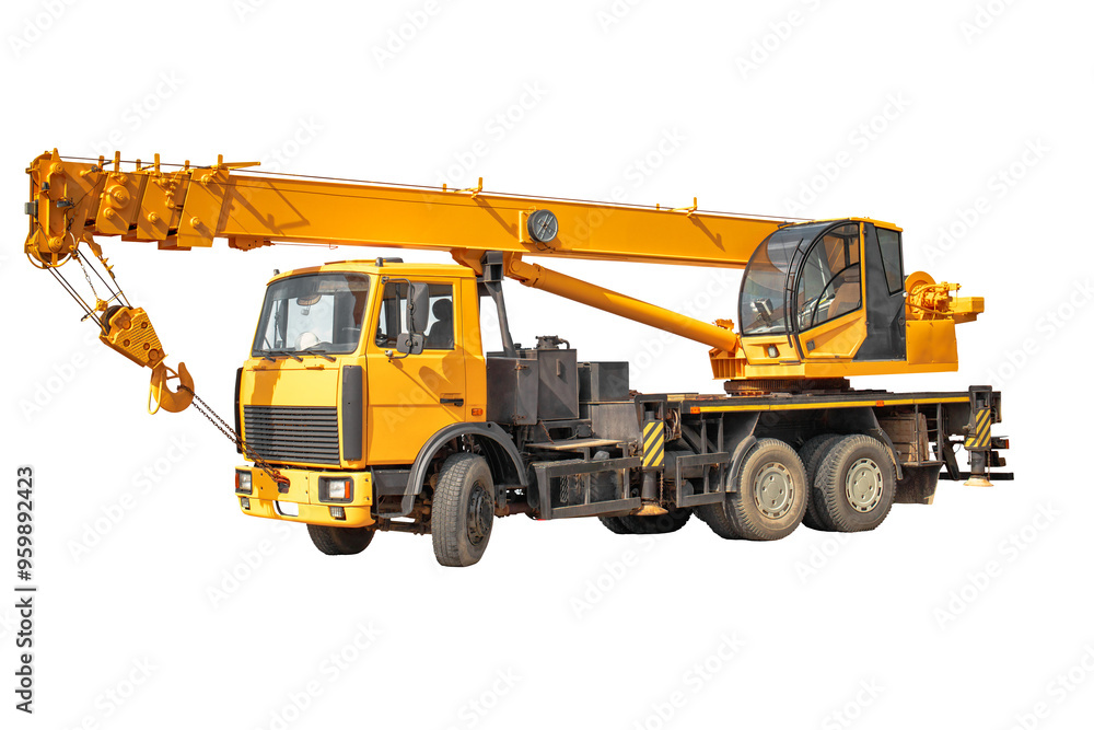 Workers prepare for a busy day ahead as a vibrant yellow crane stands tall at the construction site, set to elevate materials with precision. Workers prepare for a busy day ahead as a vibrant yellow crane stands tall at the construction site, set to elevate materials with precision.