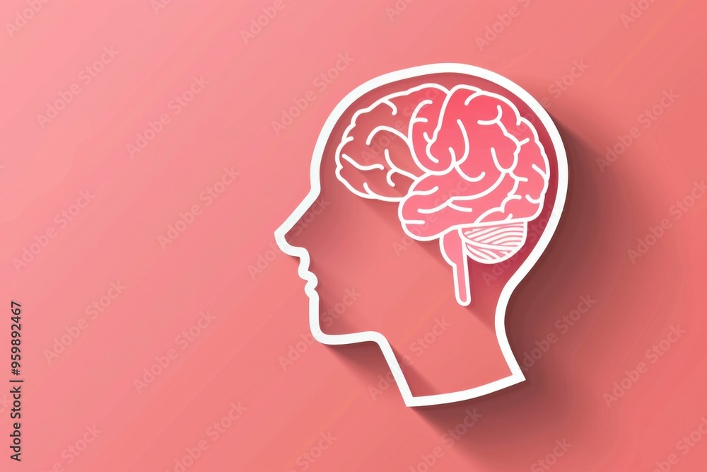 Outline of a human head with a brain illustration on a pink background Outline of a human head with a brain illustration on a pink background