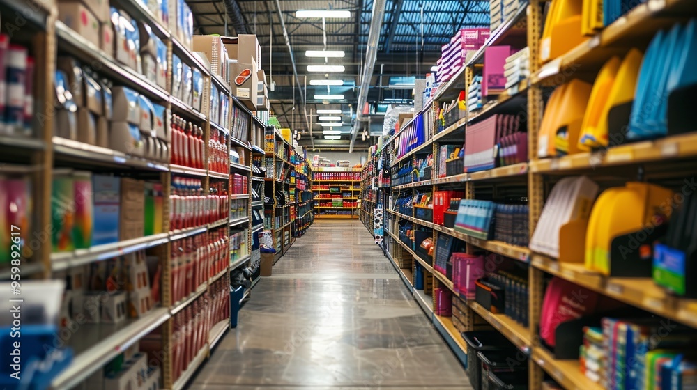 Naklejka premium Explore the Vibrant Aisles of a Well-Stocked Office Supply Store Filled with Endless Options
