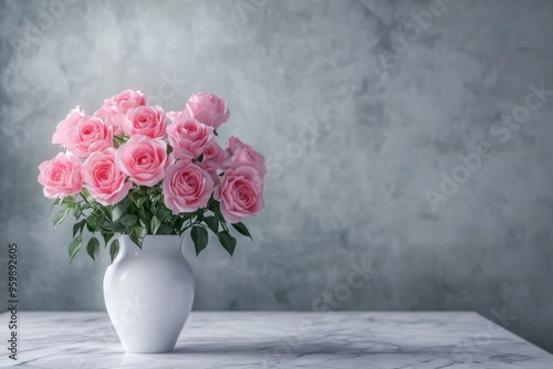 Wallpaper Mural Beautiful pink roses in a white vase on a marble table against an empty wall background Torontodigital.ca