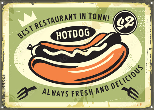 Hot dog retro advertisement for fast food restaurant with hot dog graphic. Food vector illustration.