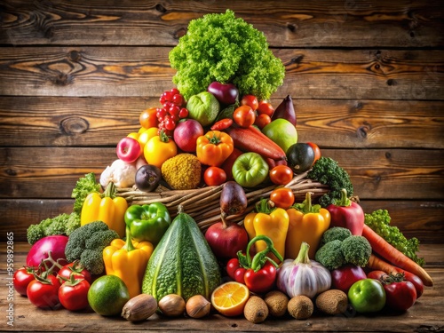 A delicately balanced pyramid of vibrant, fresh fruits and vegetables on a rustic wooden table, symbolizing abundance, harmony, and a connection to nature. photo