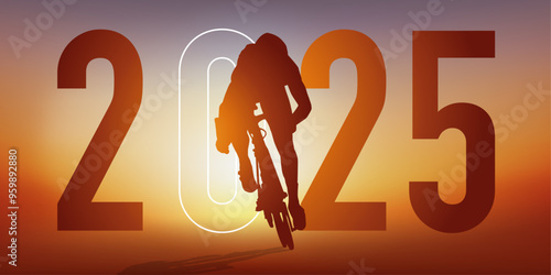 Concept du sport sur le thème du cyclisme pour une carte de vœux 2025, montrant un cycliste qui sprint pour passer la ligne d’arrivée.