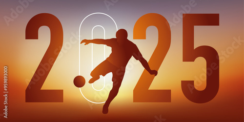 Concept du sport sur le thème du football pour une carte de vœux 2025, montrant un footballeur qui frappe le ballon du pied pour marquer un but.