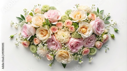 A delicate, pastel-hued floral arrangement in the shape of a heart, adorned with roses, carnations, and baby's breath, set against a soft, white background.