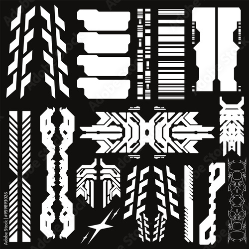 cyberpunk y2k 2000s gaming futuristic icon pattern  set collection template hud for branding fashion t-shirt decoration decals, 2d illustration rendering vector 