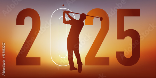 Concept du sport sur le thème du golf pour une carte de vœux 2025, montrant un golfeur faisant un swing