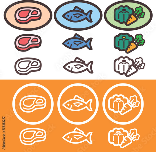 ラベルやシールに使いやすい肉、魚、野菜の食品ベクターイラストセット