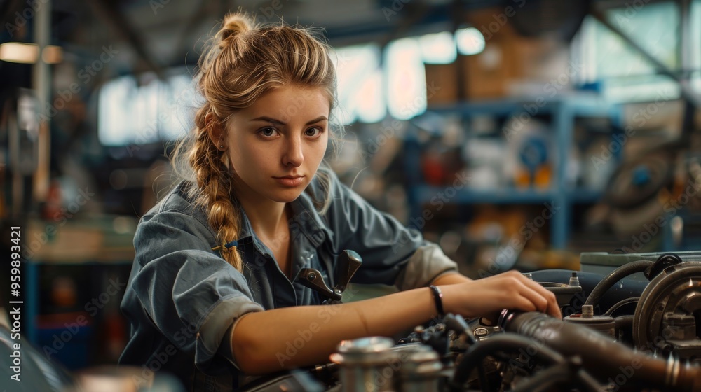 A Dedicated Mechanic Immersed in Her Work, Fixing the Complexities Underneath the Hood A Dedicated Mechanic Immersed in Her Work, Fixing the Complexities Underneath the Hood