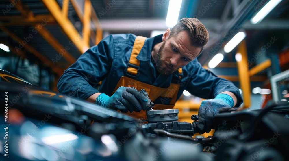 Expert Mechanic Skillfully Performing an Oil Change in a Well-Equipped Automotive Workshop Expert Mechanic Skillfully Performing an Oil Change in a Well-Equipped Automotive Workshop