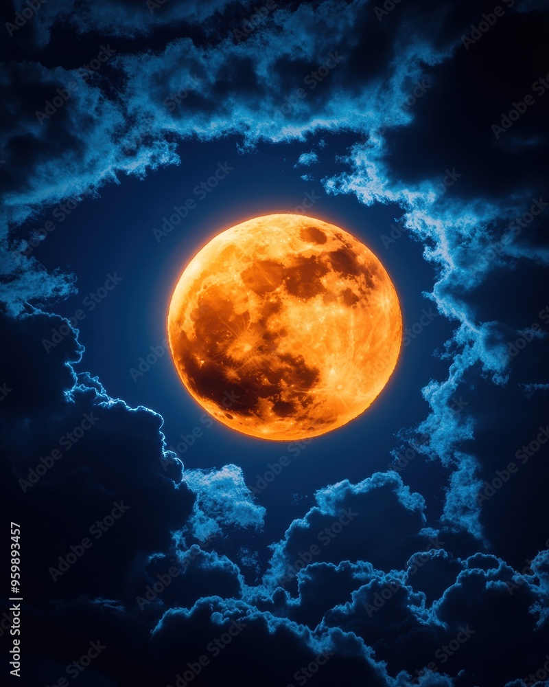 Fototapeta premium A stunning orange moon surrounded by dramatic blue clouds, casting a mystical glow in the night sky.