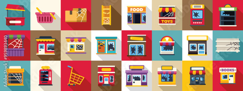 Abandoned store icons set. Collection of various small businesses and retail store fronts, all vandalized with broken windows