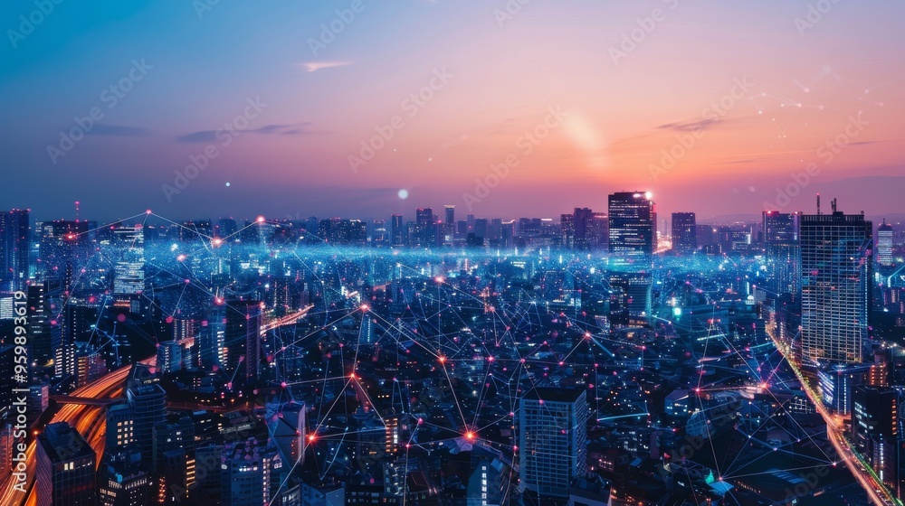 A Vibrant Futuristic Cityscape at Dusk with Illuminated Buildings and Network Connections A Vibrant Futuristic Cityscape at Dusk with Illuminated Buildings and Network Connections