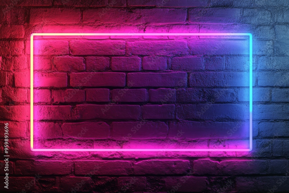 3D render of a neon frame on a brick wall background with a blank screen for advertising. 3D render of a neon frame on a brick wall background with a blank screen for advertising.