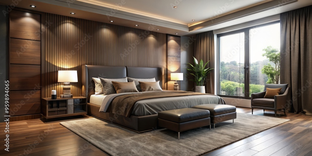 Fototapeta premium Brown walls and sleek black furniture come together to create a refined and welcoming atmosphere, perfect for