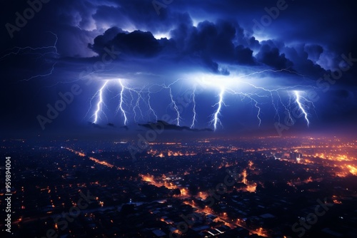 Dramatic lightning strikes illuminate the night sky over a bustling city landscape during a storm