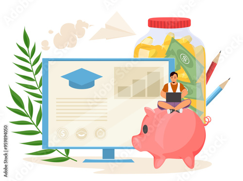 Education fees for online learning course vector illustration. Student with laptop sitting on huge piggybank and studying remotely on internet over big computer screen and jar with coins money savings
