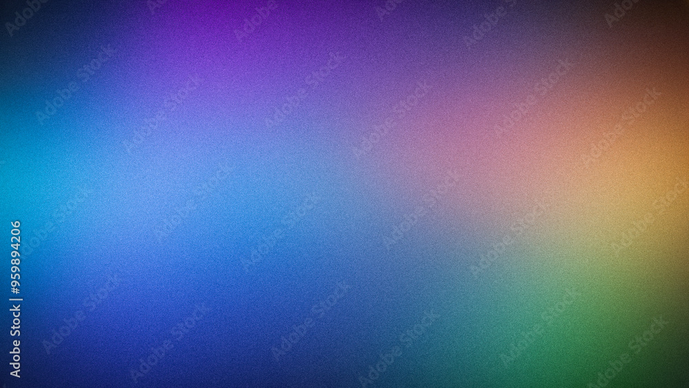 Obraz premium Vibrant multicolor gradient background with grainy texture, blending purple, blue, orange, and green hues. Perfect for modern designs, tech, and creative projects