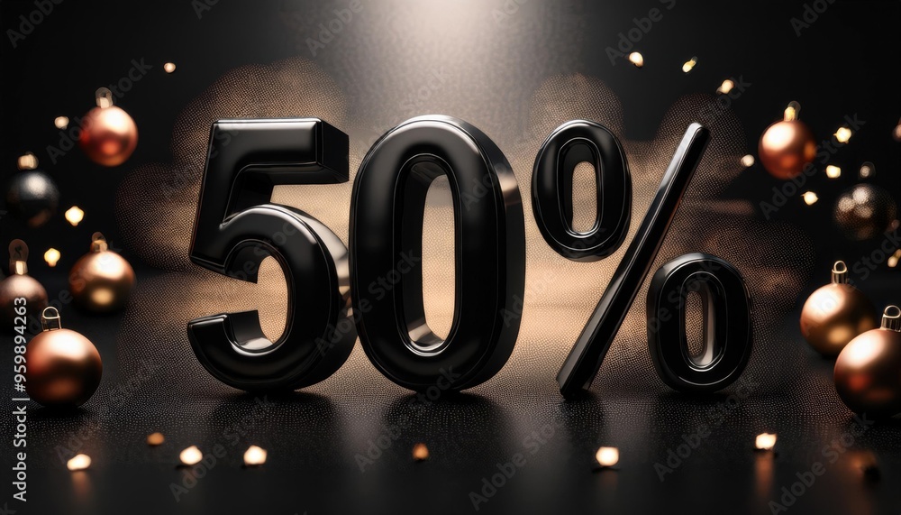 Black fifty percent sign surrounded by christmas balls, sale discount concept Black fifty percent sign surrounded by christmas balls, sale discount concept
