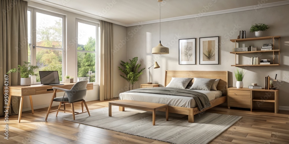 Calming retreat with a sturdy wooden bedframe, paired with a simple desk and chair, creates a serene atmosphere Calming retreat with a sturdy wooden bedframe, paired with a simple desk and chair, creates a serene atmosphere
