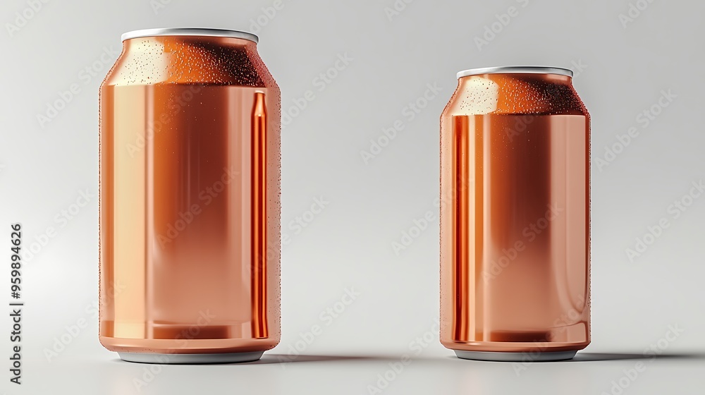 Two copper-colored aluminum cans, one tall, one short, on a white surface. Two copper-colored aluminum cans, one tall, one short, on a white surface.