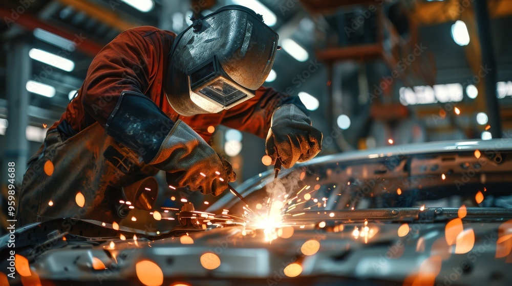 Fototapeta premium An Expert Welder Crafting Precision Parts Amidst Sparks and Efforts in a Vibrant Repair Shop
