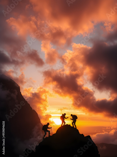 Amazing nature landscape with hikers silhouette going up on a mountain peak at fantastic sunrise. Freedom adventure outdoors sport and activity recreational fit lifestyle design. AI generated photo