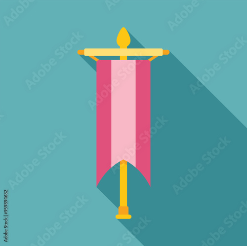 Pink medieval flag hanging on a wooden crossbar casting a long shadow over a blue background