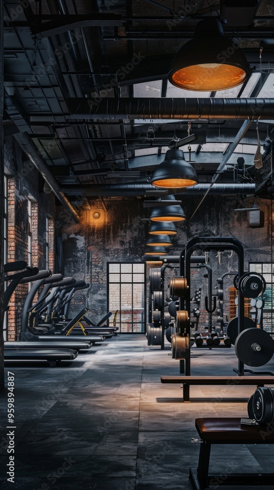 An expansive, industrial-style gym with exercise machines, brick walls, pendant lights, and a deserted ambiance. Light enters through windows, adding depth. An expansive, industrial-style gym with exercise machines, brick walls, pendant lights, and a deserted ambiance. Light enters through windows, adding depth.