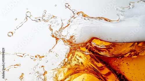 The moment of a beer splash captured in crystal clear detail, the amber liquid and white foam contrasting