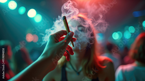 A person offers a lit cigarette to another individual in a lively nightclub environment with colorful lights in the evening. Generative AI photo