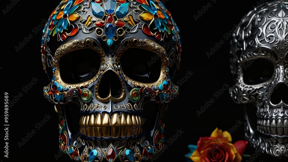 El Dia de los Muertos altar with marigolds and sugar skulls, vibrant and traditional El Dia de los Muertos altar with marigolds and sugar skulls, vibrant and traditional