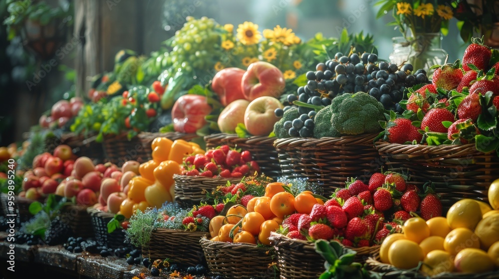 A vibrant farmers market display: table with fruits and veggies in wicker baskets, windows adorned with plants, conveying abundance and vitality. A vibrant farmers market display: table with fruits and veggies in wicker baskets, windows adorned with plants, conveying abundance and vitality.
