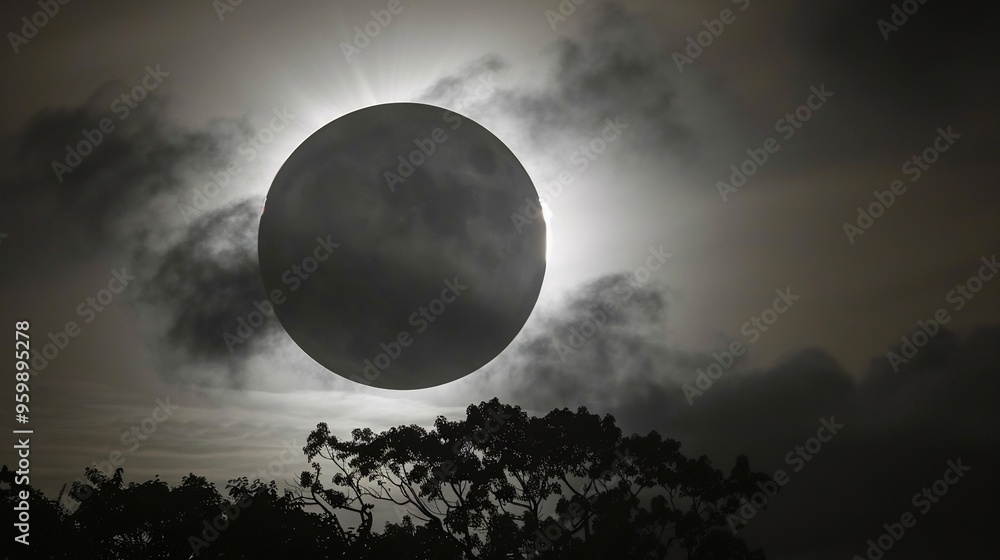 Maximum Eclipse with the moon covering most of the sun creating an eerie twilight effect in the sky Maximum Eclipse with the moon covering most of the sun creating an eerie twilight effect in the sky
